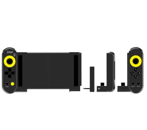 Ipega PG9167 wireless Bluetooth game controller in black ABS plastic with telescopic bracket extended, holding a smartphone for mobile gaming
