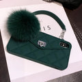 Soft plush TPU back cover phone case for iPhone in a dark green grid pattern.