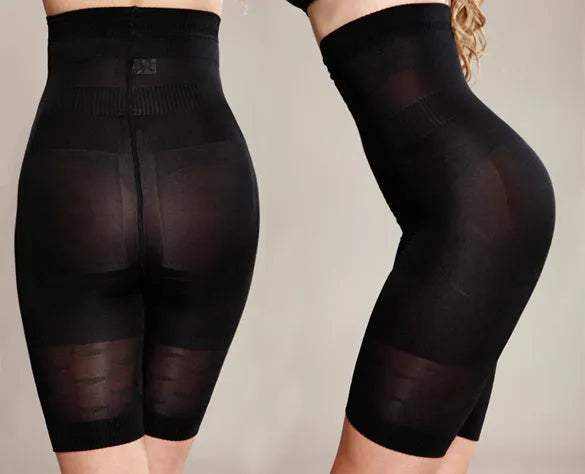 Black seamless high-waist shapewear shorts for women laid flat.
