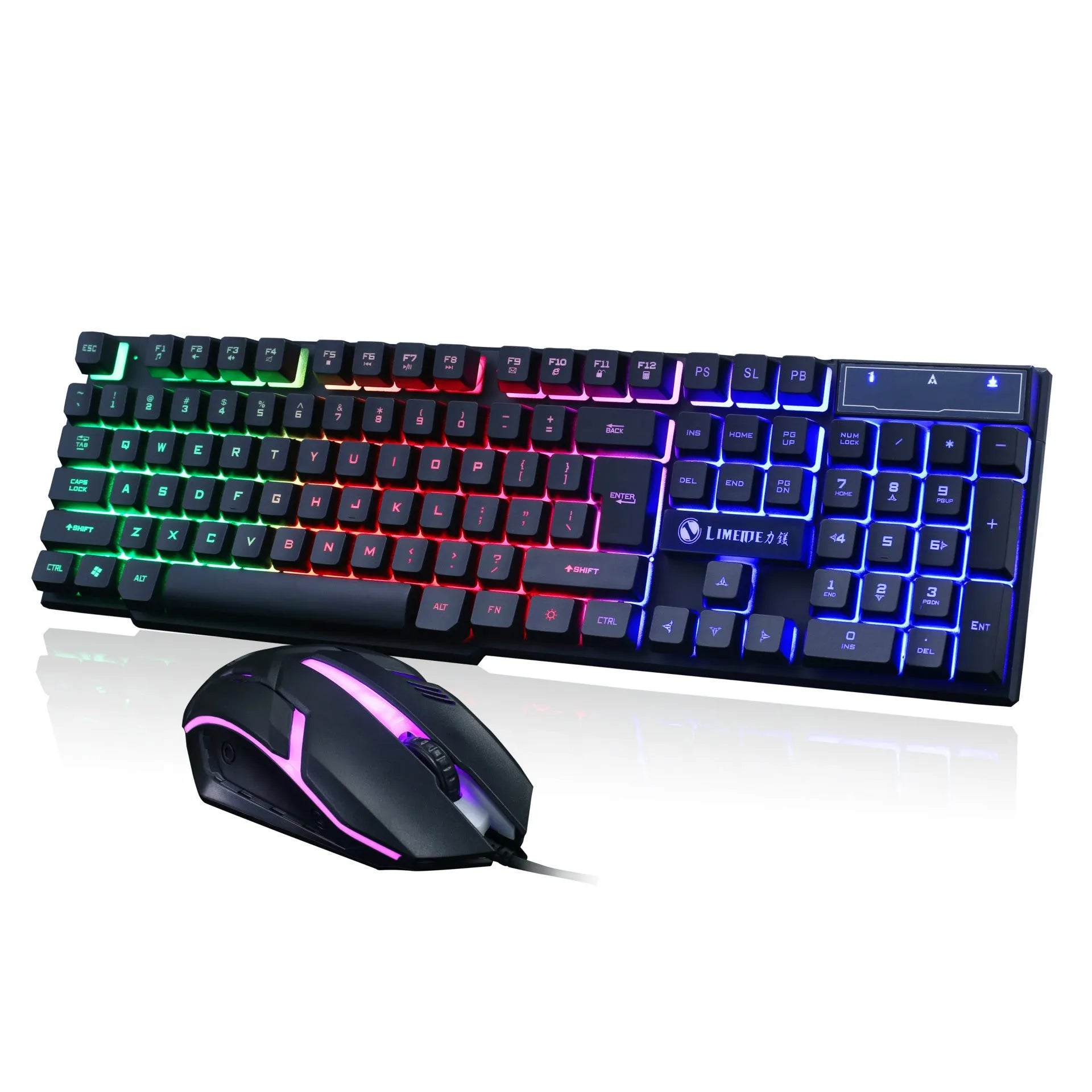 Limei Gtx300 black and white gaming keyboard and mouse set with backlight on desktop