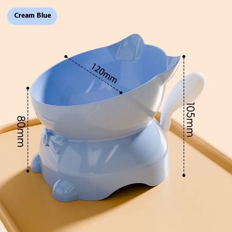 Stainless steel anti-fall oblique cat bowl with kitten tail design in four colour options
