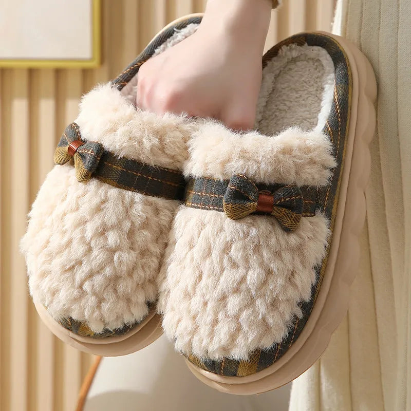 Women's winter plush slippers with bow button, non-slip thick sole, in brown colour
