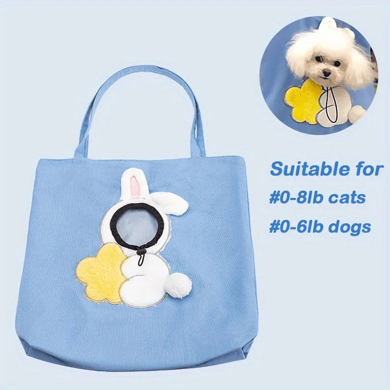 Canvas pet shoulder carrier bag with safety zippers and side opening in blue, grey, or yellow with animal patterns