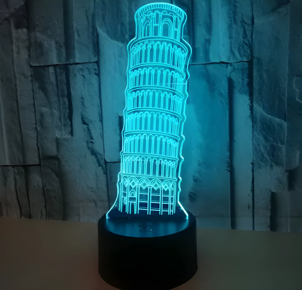 3D acrylic Leaning Tower of Pisa LED nightlight with seven colour options on black base