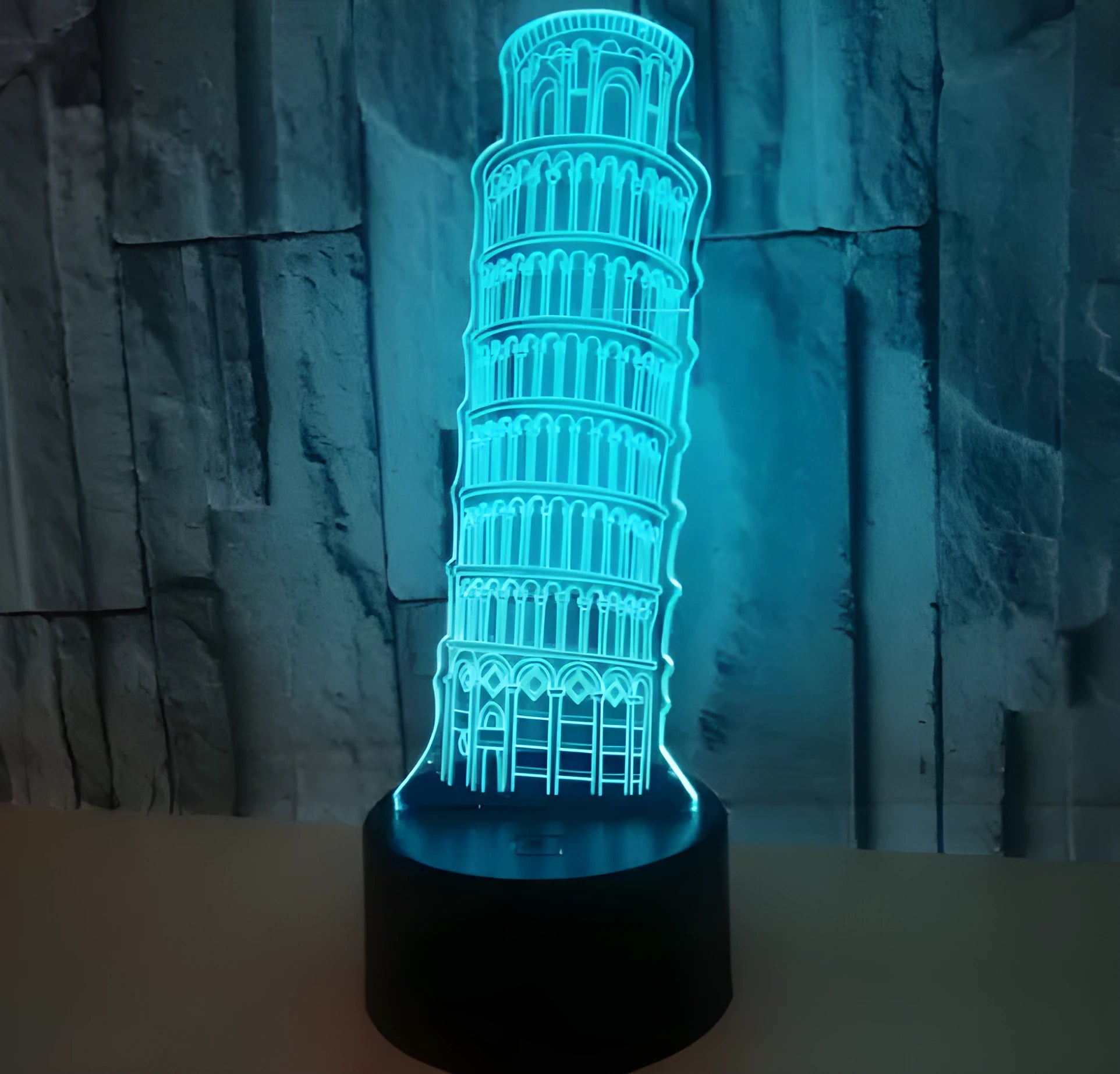3D acrylic Leaning Tower of Pisa LED nightlight with seven colour options on black base
