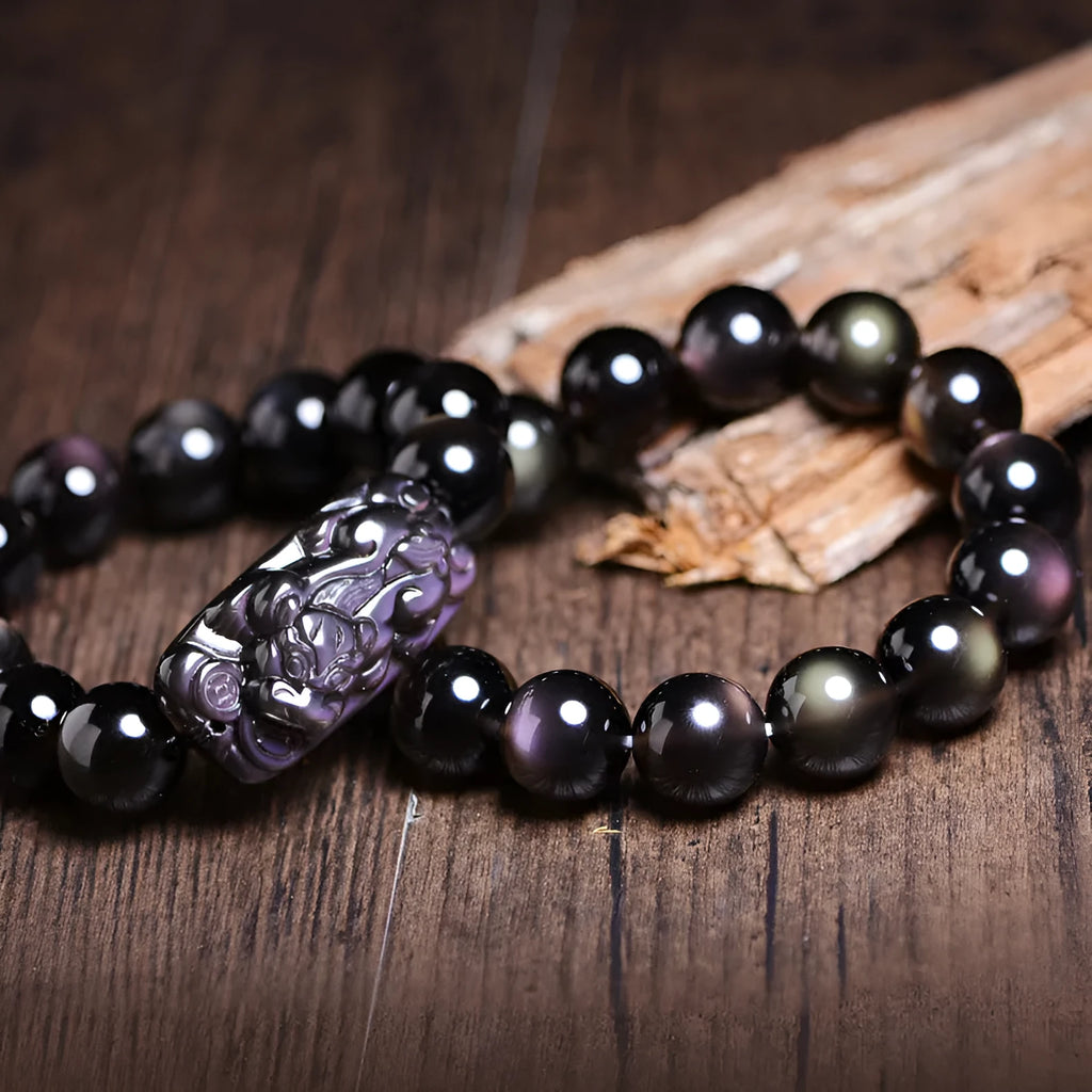 Natural icy obsidian Pi Xiu bracelet with double eye ice stone beads in geometric ethnic style available in multiple sizes