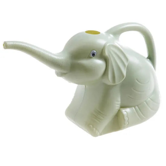 Pink children's watering can shaped like a sitting baby elephant with a long spout.