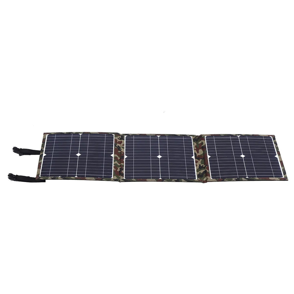 Black foldable 36W solar panel with car charger and cables for portable outdoor power