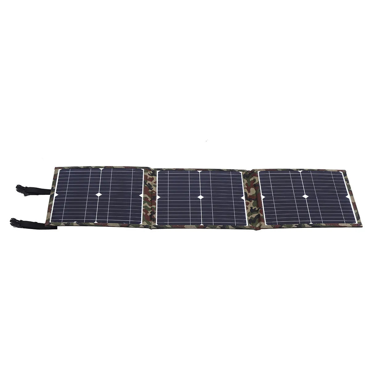 Black foldable 36W solar panel with car charger and cables for portable outdoor power