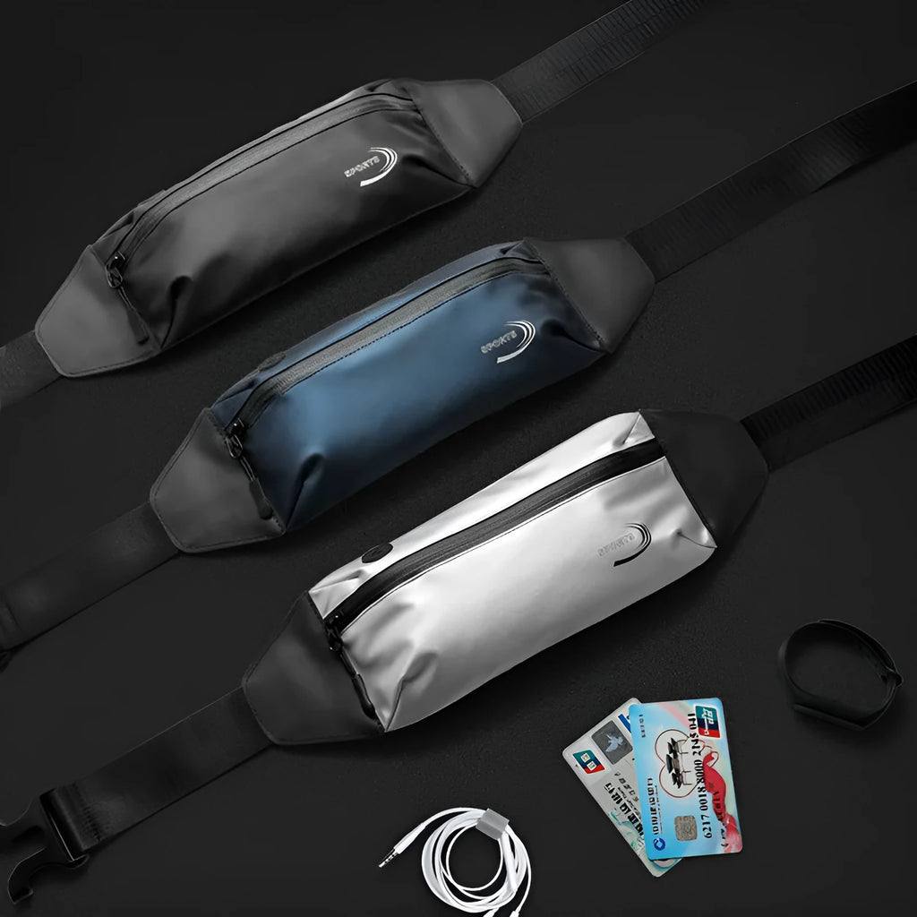 Men's black waterproof sports waist bag with waist strap showing compact design