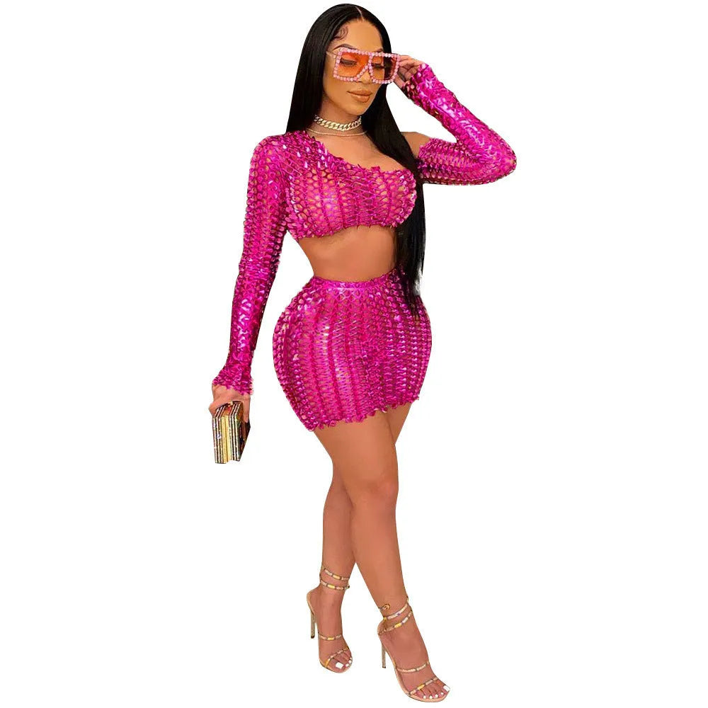 Women's black hollow-out net two-piece dress set with sleeveless top and matching short skirt