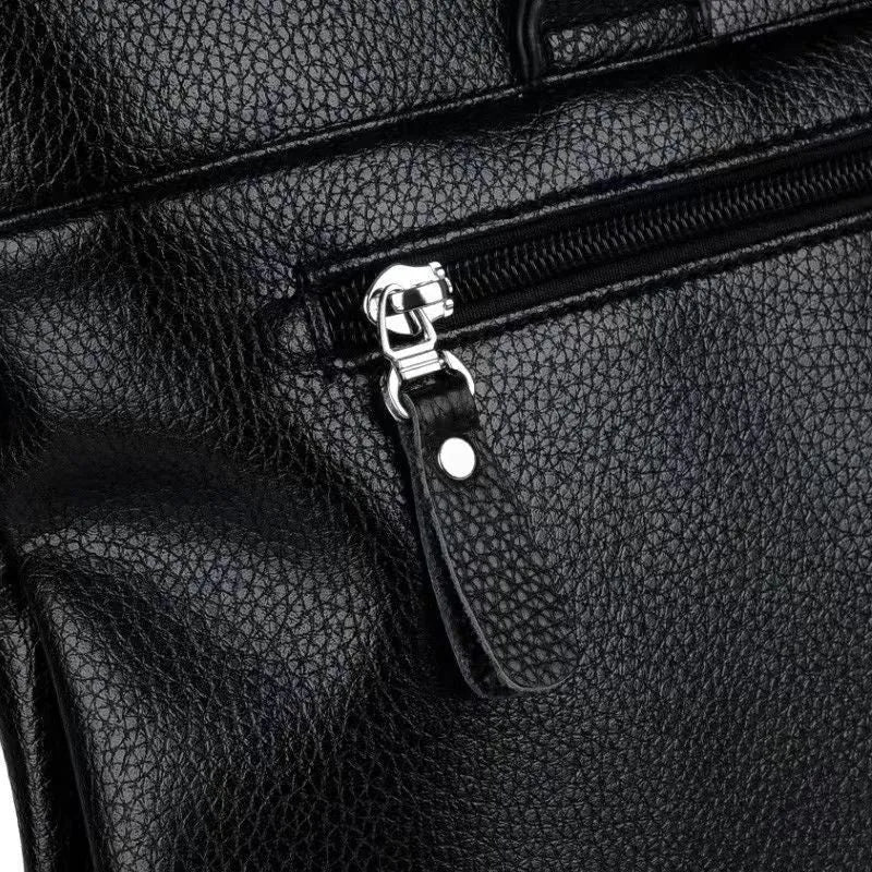Black and brown PU leather men's messenger crossbody bag with splicing detail.