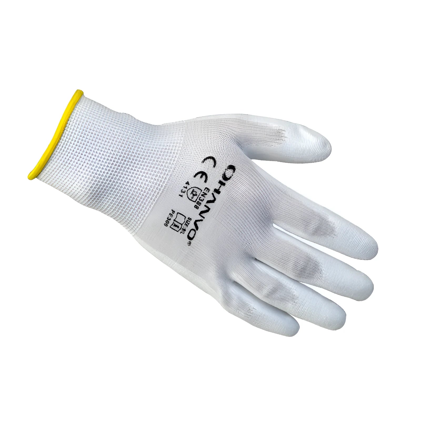 White PU coated labour gloves showing palm detail and length, sizes L and M, in a 10-pair pack.