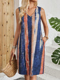 V-neck sleeveless vest dress with colour block striped pattern in mid-length cut