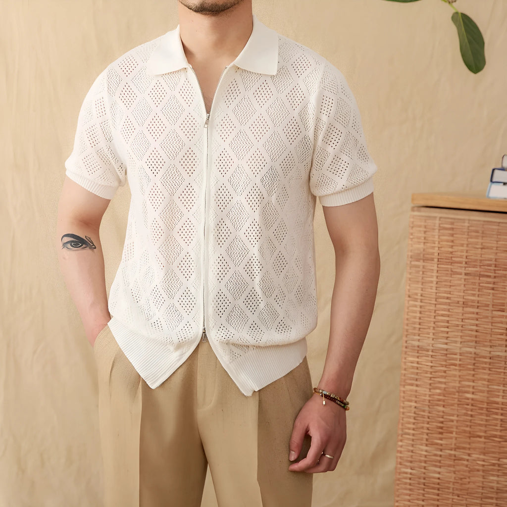 Light brown cotton short sleeve cardigan with lapel collar and full-length front zipper.