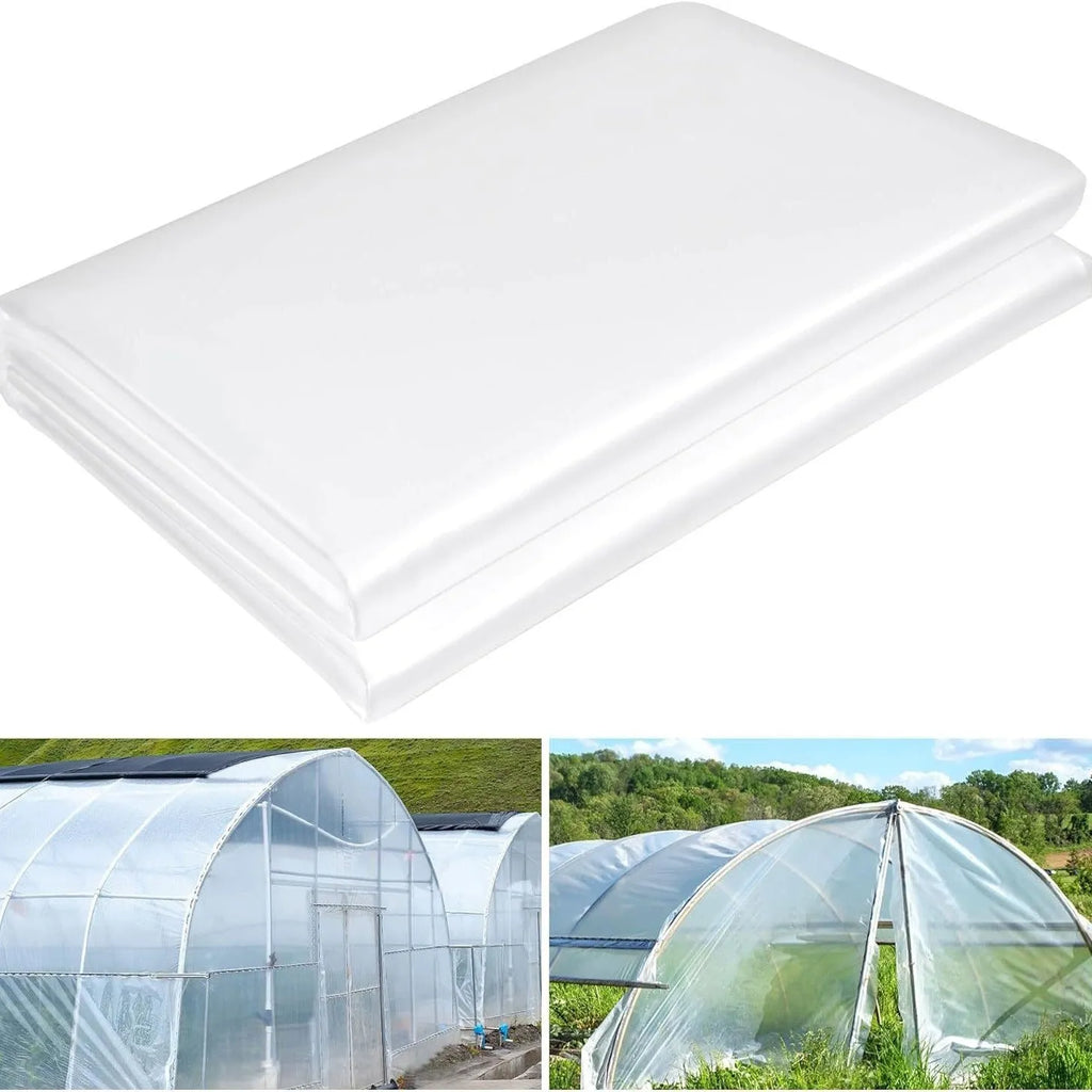 A large roll of clear plastic greenhouse cold film for vegetable shed insulation, labelled 4m x 8m.