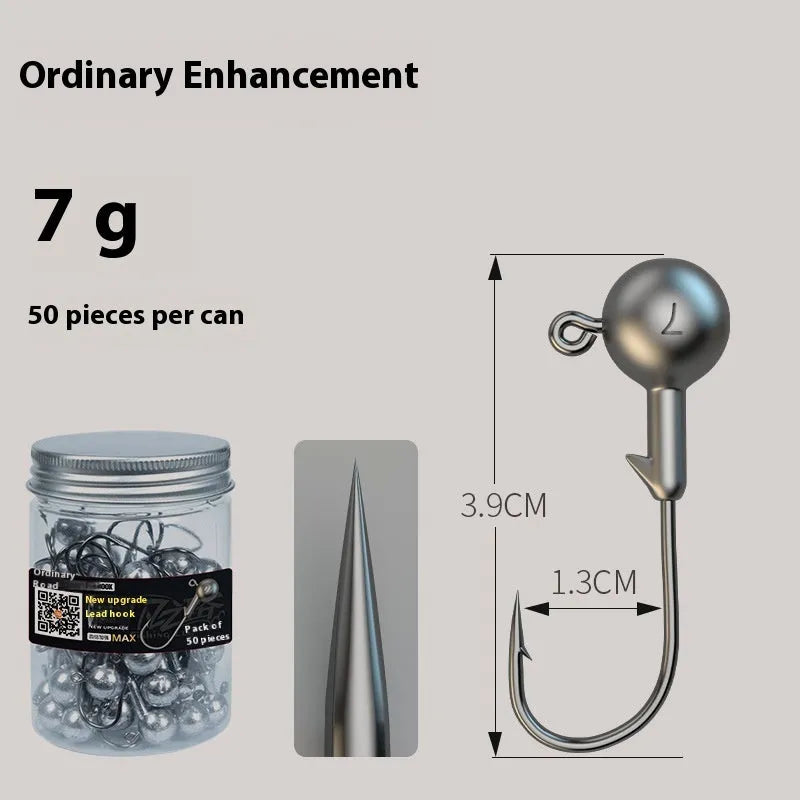 Pack of 50 primary colour, lead-headed steel jig hooks for fishing.