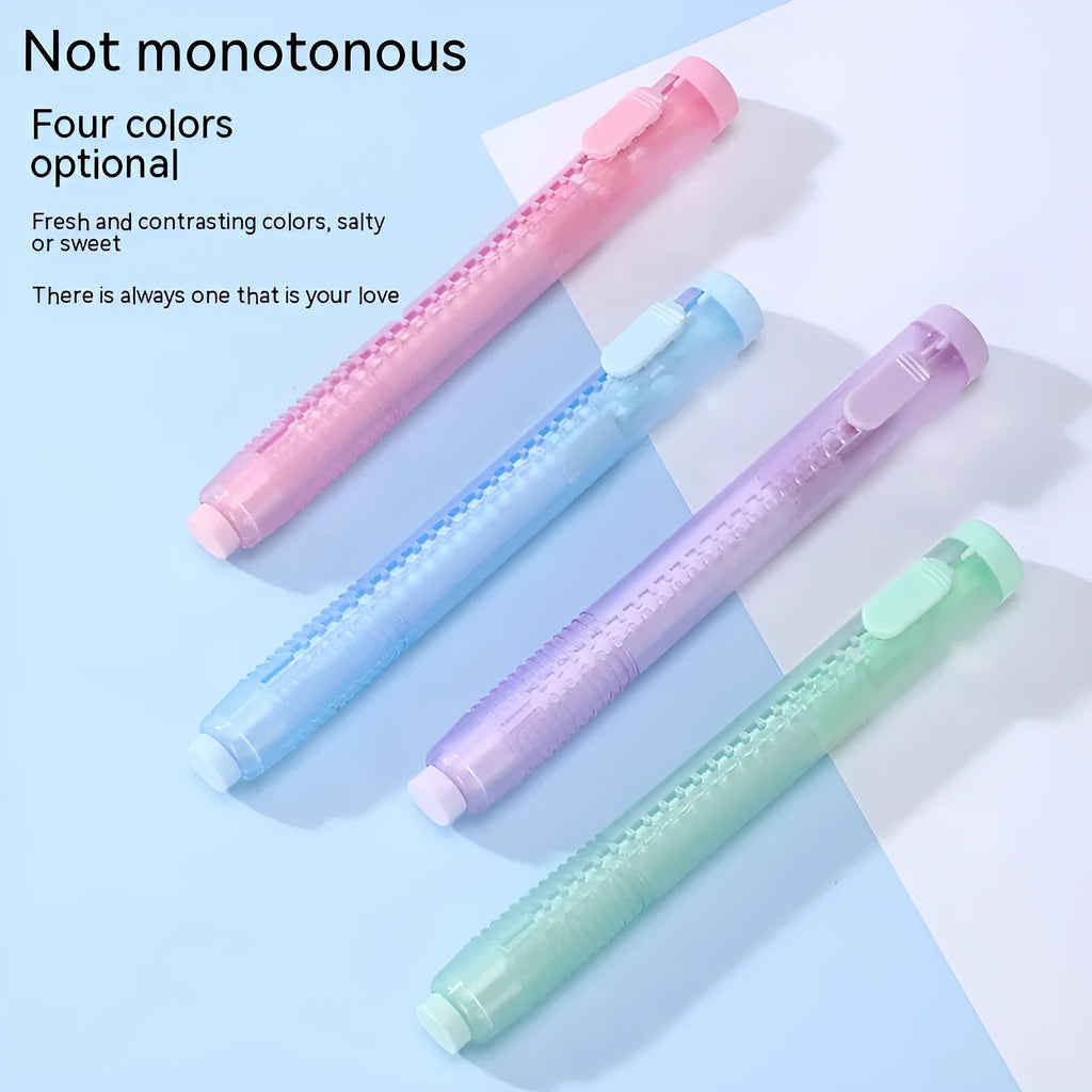 Push type automatic children's eraser in blue, green, pink or purple colours measuring 12x8cm