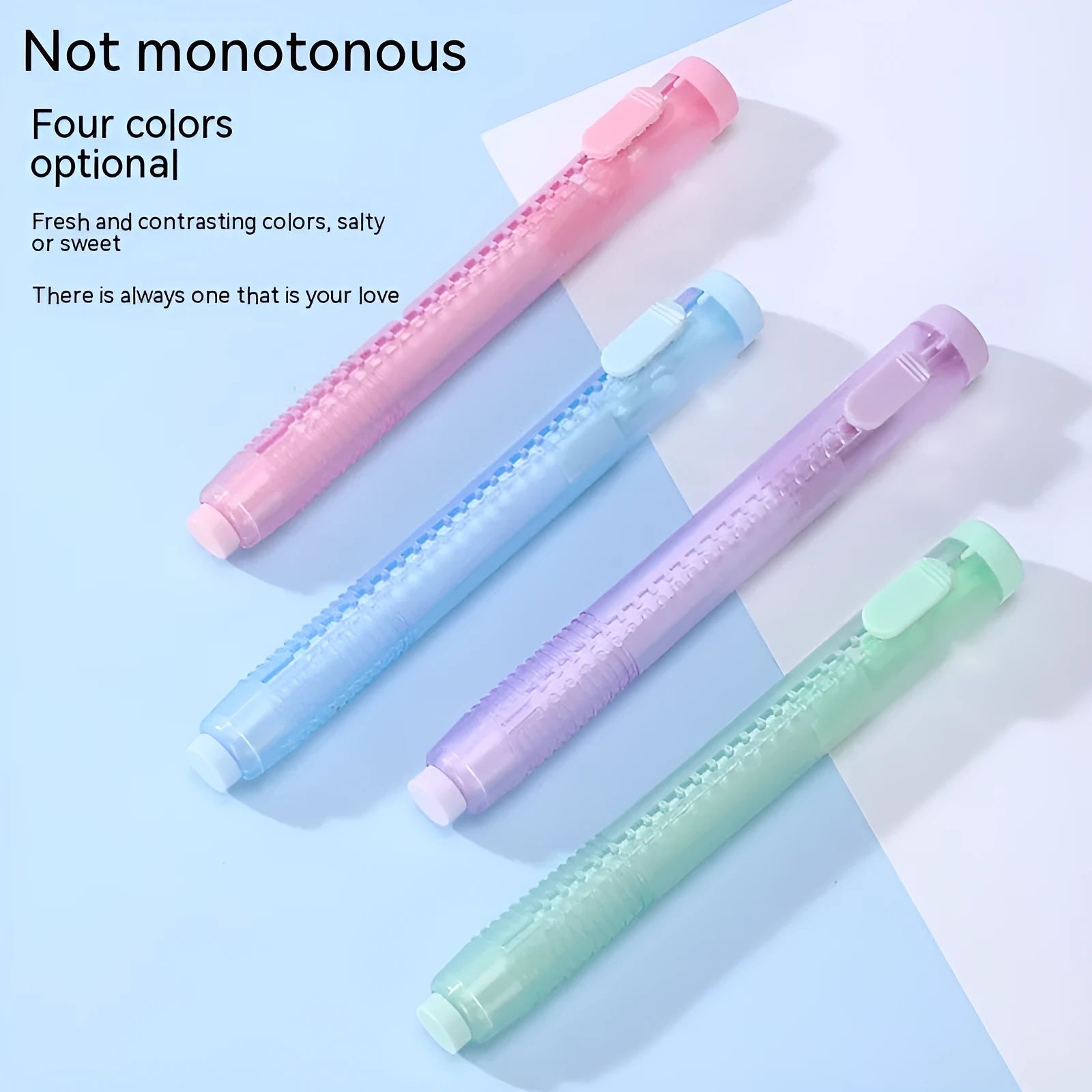 Push type automatic children's eraser in blue, green, pink or purple colours measuring 12x8cm