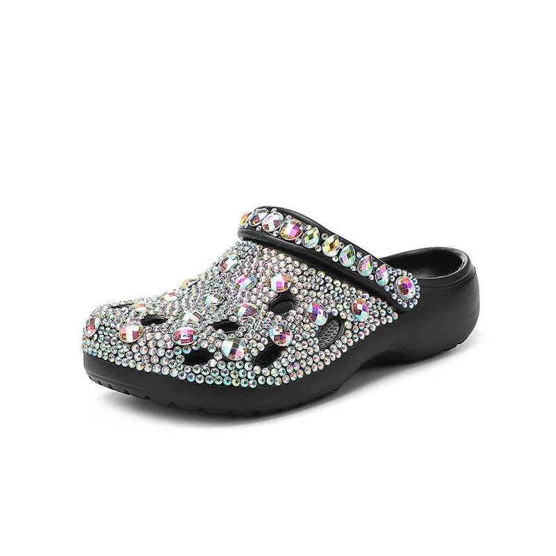 Black women's platform sandals with sparkling rhinestone detail on EVA upper and sole