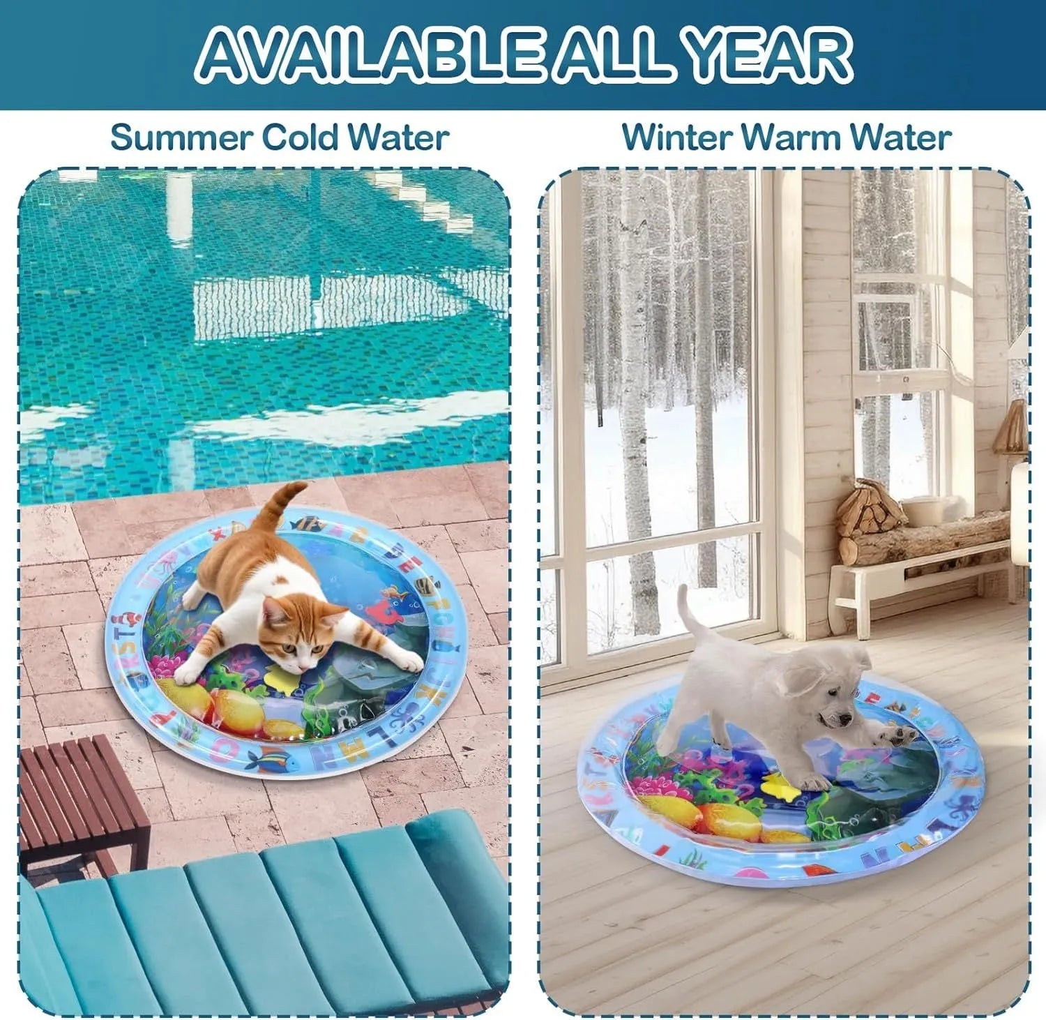 Thickened PVC cat water sensory play mat with floating fish toys, measuring 100cm square