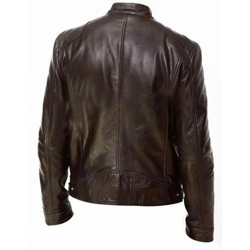 PU leather slim fit jacket in black, front view, for men and women, Asian sizing