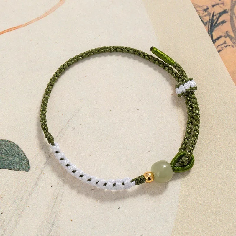 Hetian jade and sterling silver bracelet with colourful carrying strap in national tide style