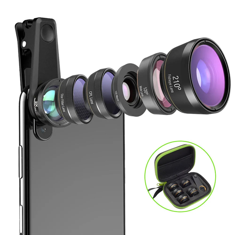 Six mobile phone camera lenses including fisheye, macro, wide-angle, telephoto and filters in EVA case with universal clip