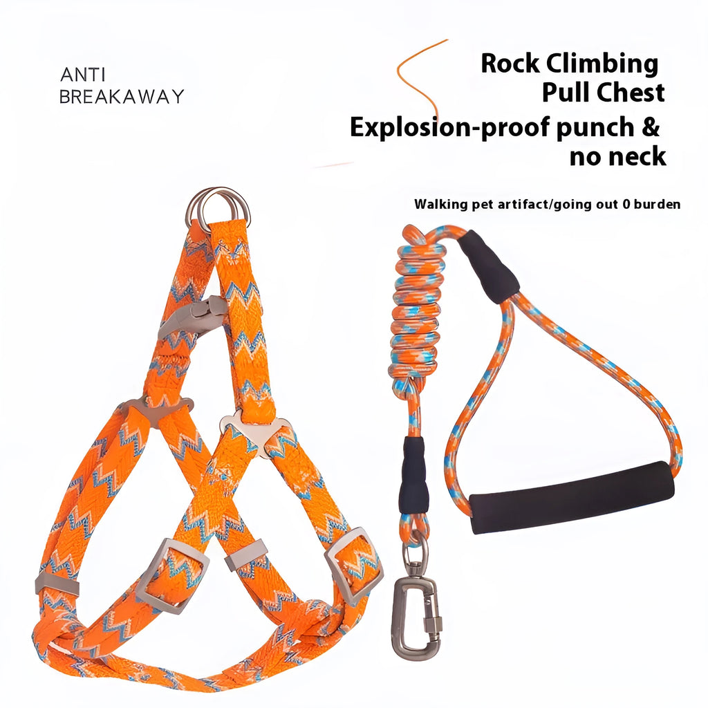 Pet climbing harness in blue nylon with foam handle and circular rope, laid flat