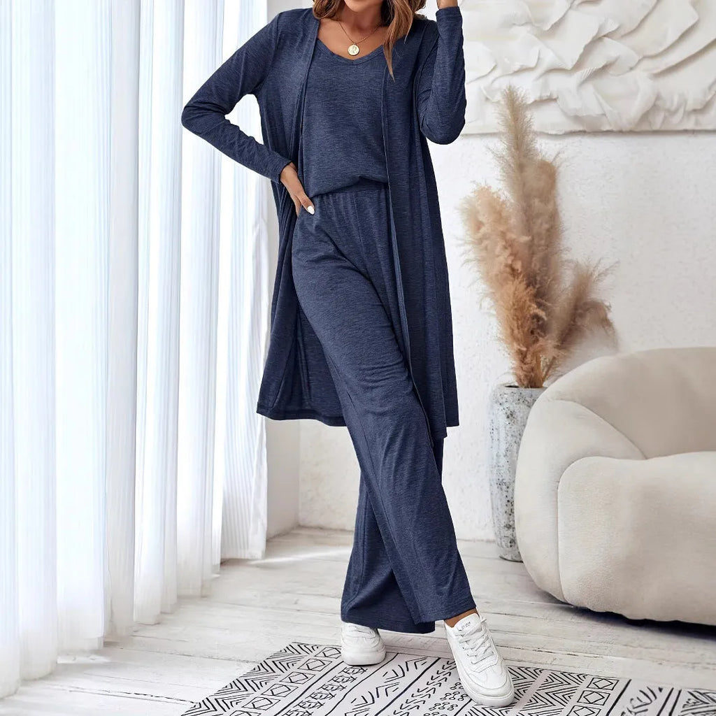 Blue women's casual suit set with polyester trousers, matching long-sleeved top and black suspenders