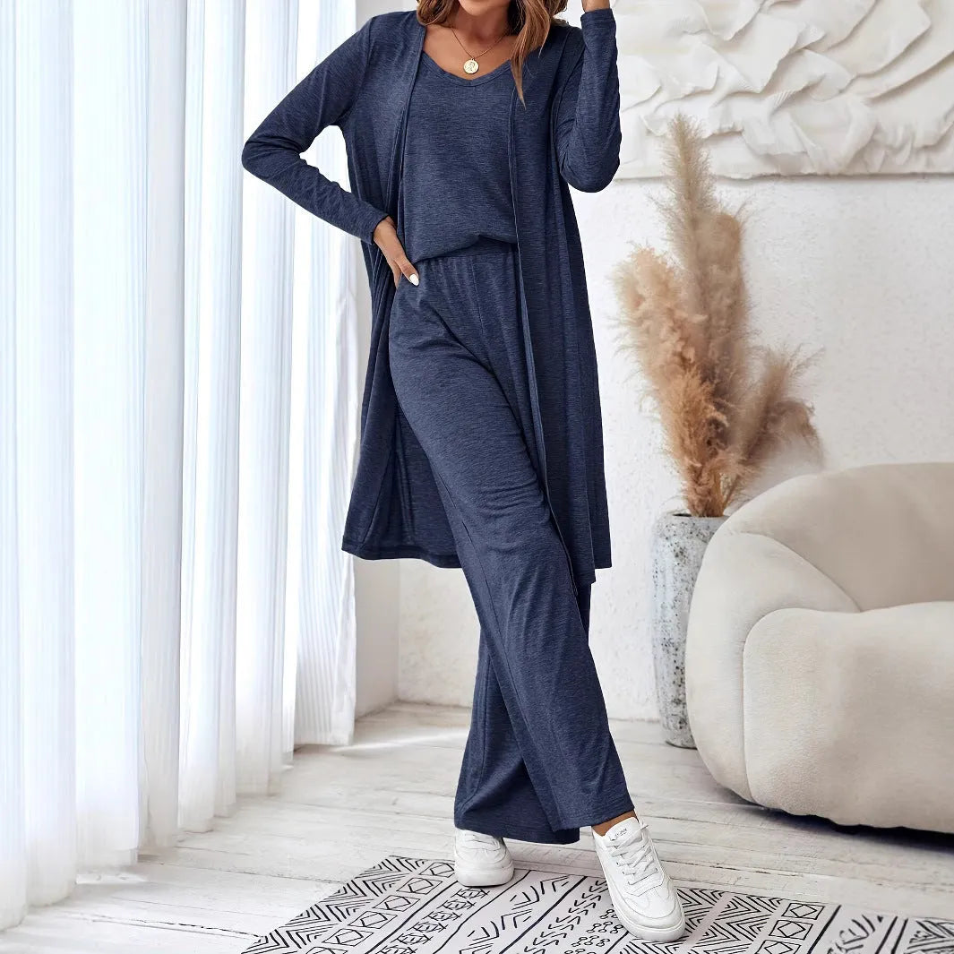 Blue women's casual suit set with polyester trousers, matching long-sleeved top and black suspenders