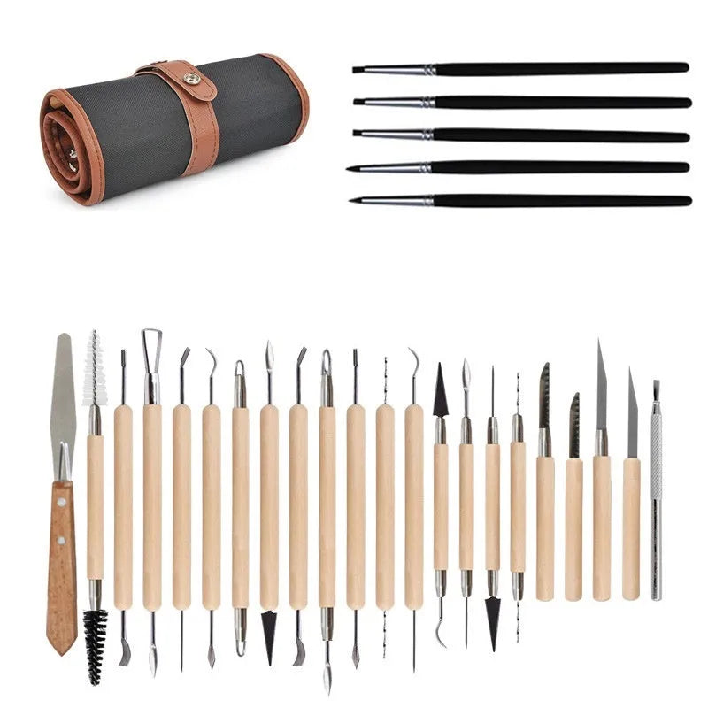Brown 27-piece pottery clay tool set with stainless steel, wood and plastic tools for sculpture.