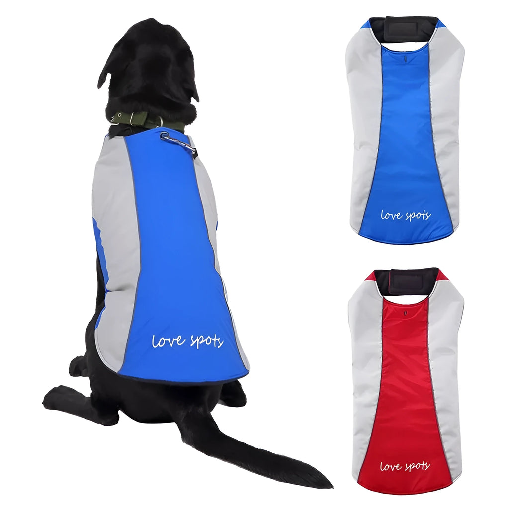 Winter dog coat with reflective strip for large breeds polyester safety jacket blue colour