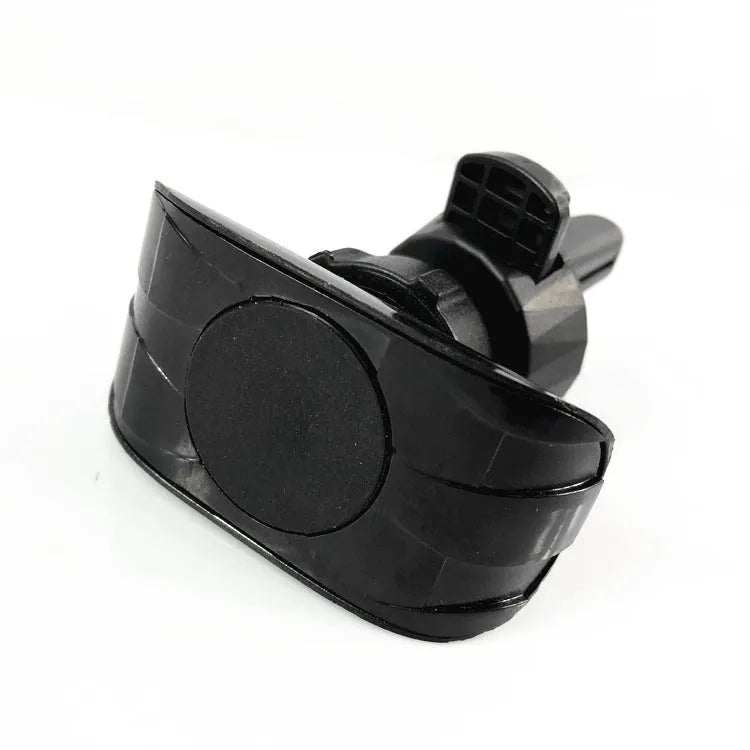 Black car phone holder mounted on vehicle air vent with smartphone