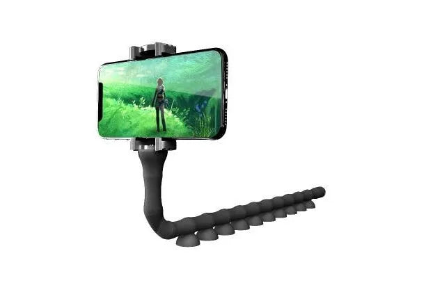 Black flexible phone holder with suction cup mounted to wall showing 62cm adjustable arm holding mobile phone