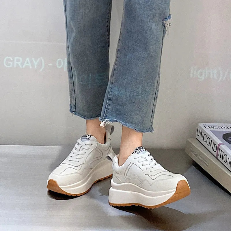 Women's white cowhide leather casual sports shoes with lace-up front and cross strap detail