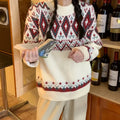 Loose retro pullover knitted top with stripe pattern in red colour
