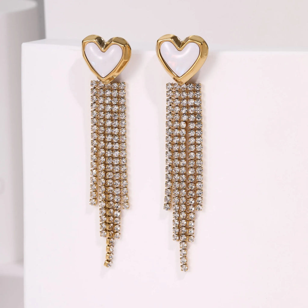 Stainless steel earrings with diamond tassel love heart and star geometric design, 18K electroplated finish