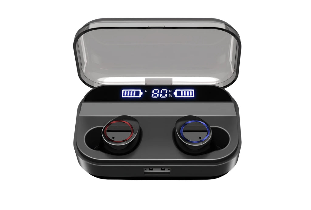X11 Bluetooth wireless earphones in black with charging case and earpiece sleeves