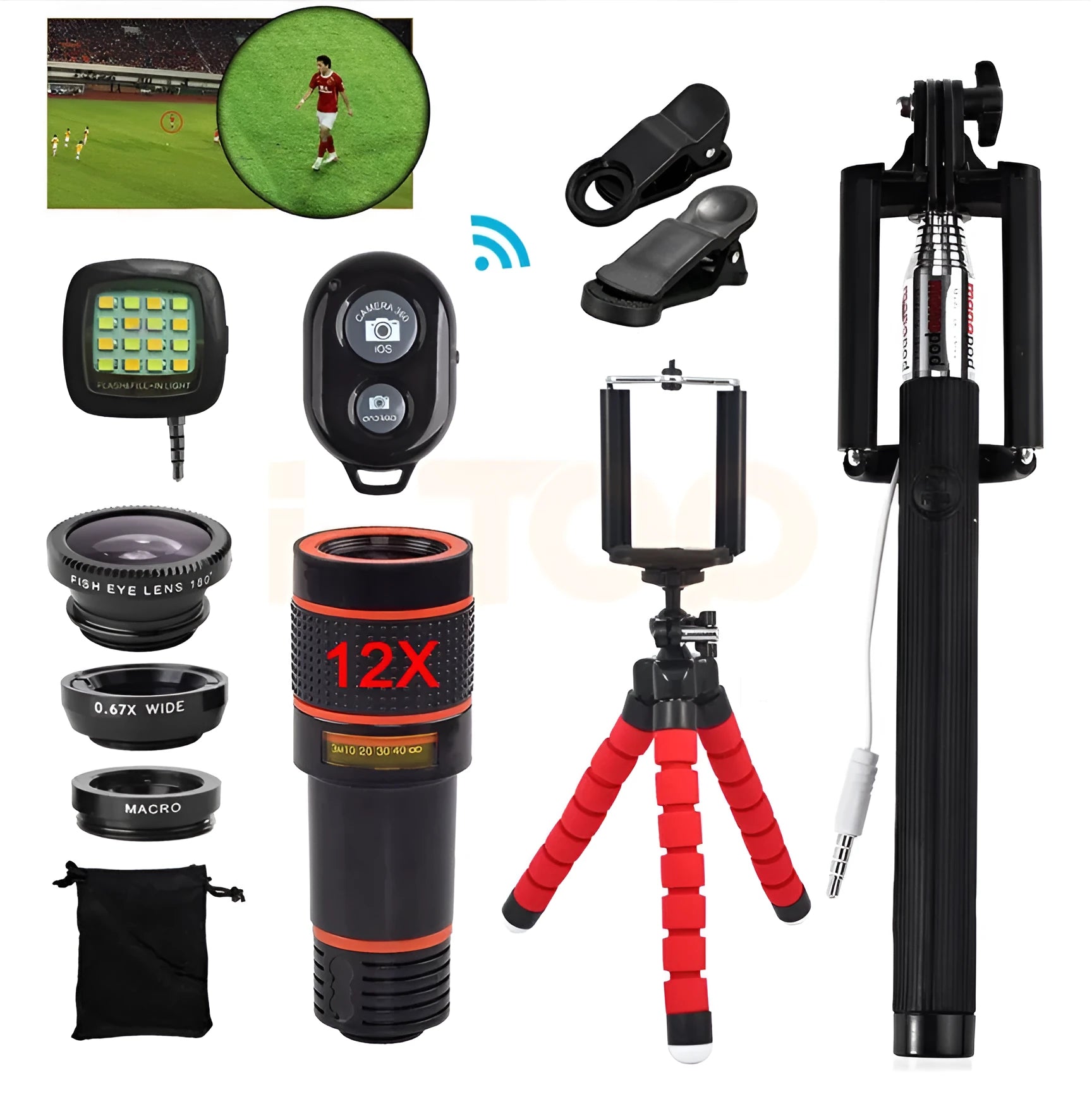 12-in-1 photography kit for smartphone with 8X zoom telephoto lens, tripod, and clips
