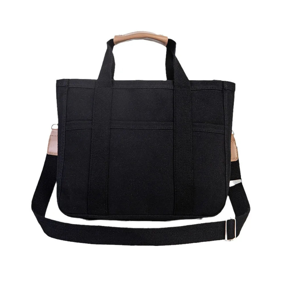 Canvas single shoulder crossbody bag in black, vertical square shape, 36x18x28cm, with zipper and buckle closure