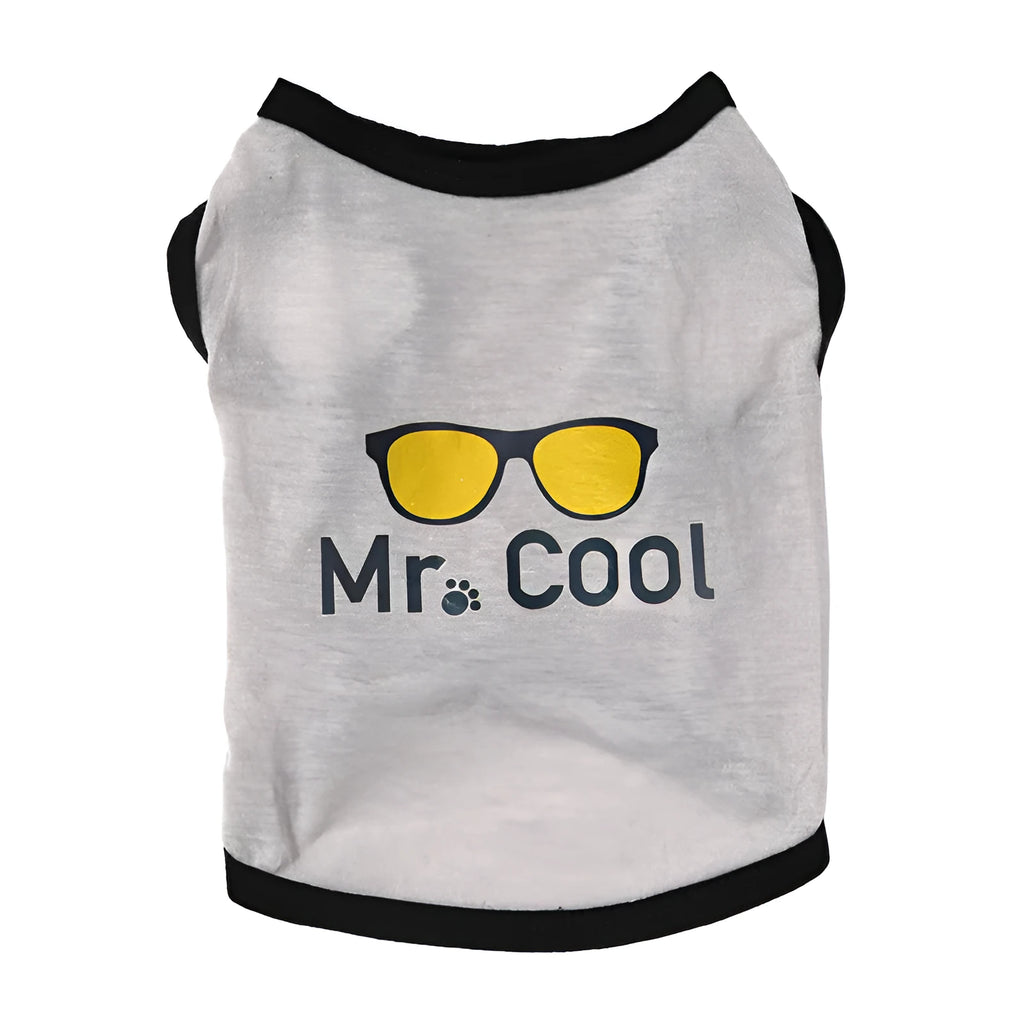 Grey dacron pet vest for dogs and cats, casual style, shown on a small pet with five size options from XS to XL