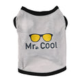 Grey dacron pet vest for dogs and cats, casual style, shown on a small pet with five size options from XS to XL