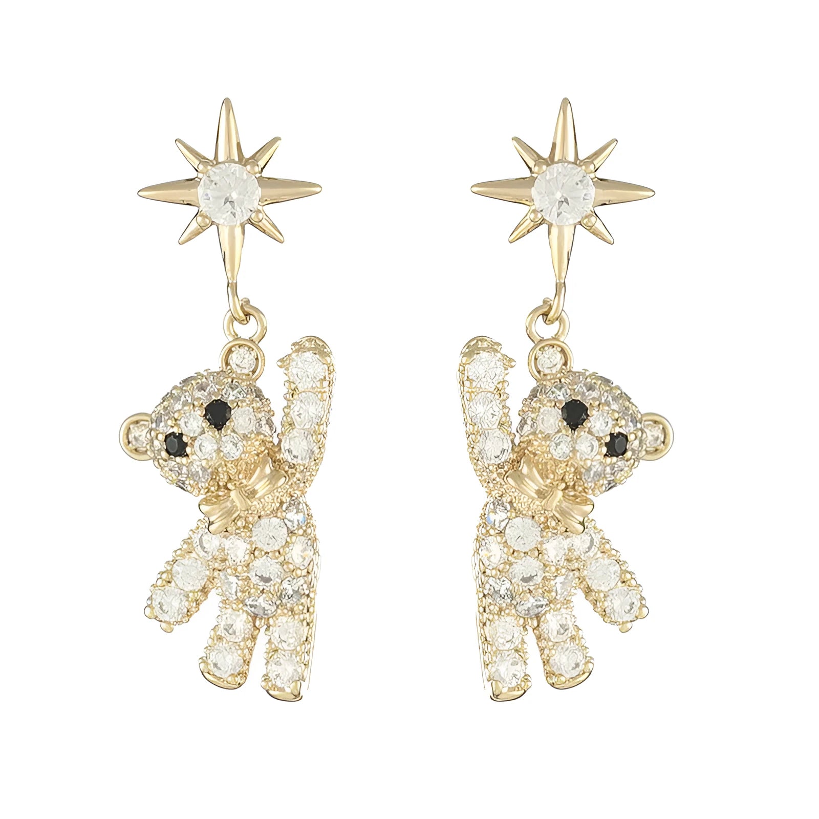 Star-shaped stud earrings in gold with diamond-cut metal and inlaid artificial stones