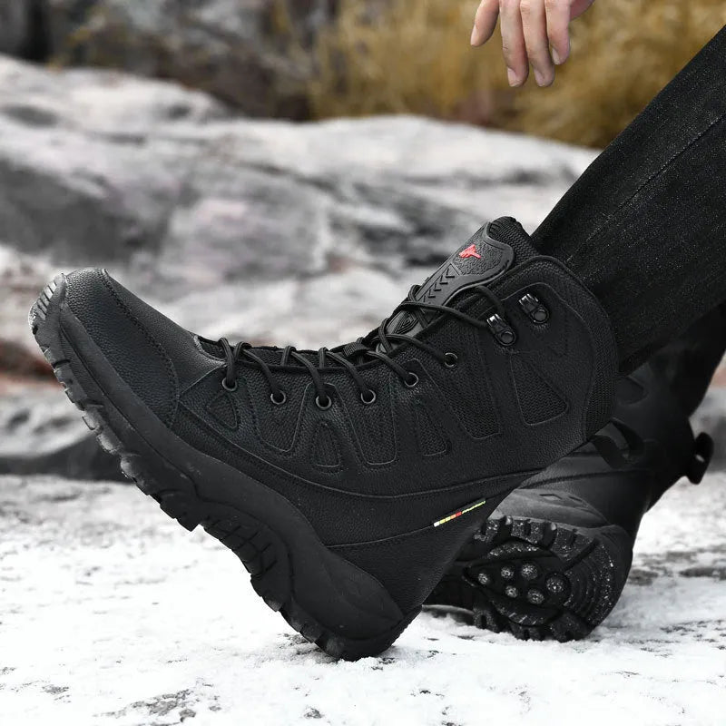 Cowhide leather hi-top hiking platform sneakers in beige, shown on a neutral background.