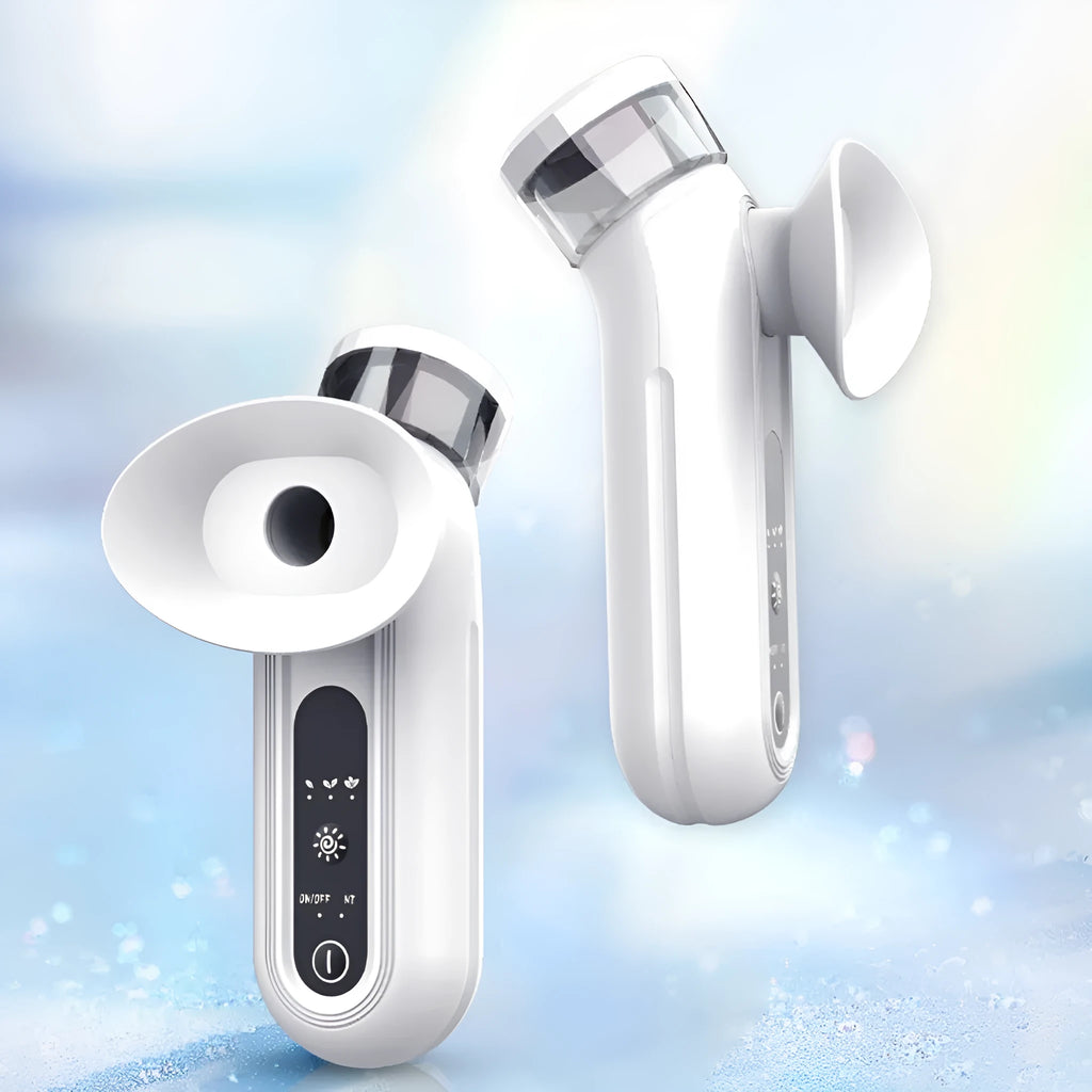 White portable rechargeable eye compress and atomisation cleaning device with included eye mask.