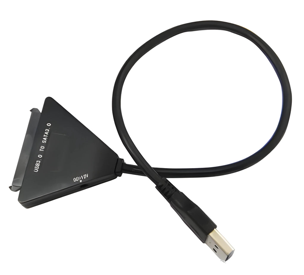 Black USB 3.0 to SATA 7+15 pin adapter cable with separate power supply line for external hard drive connection.
