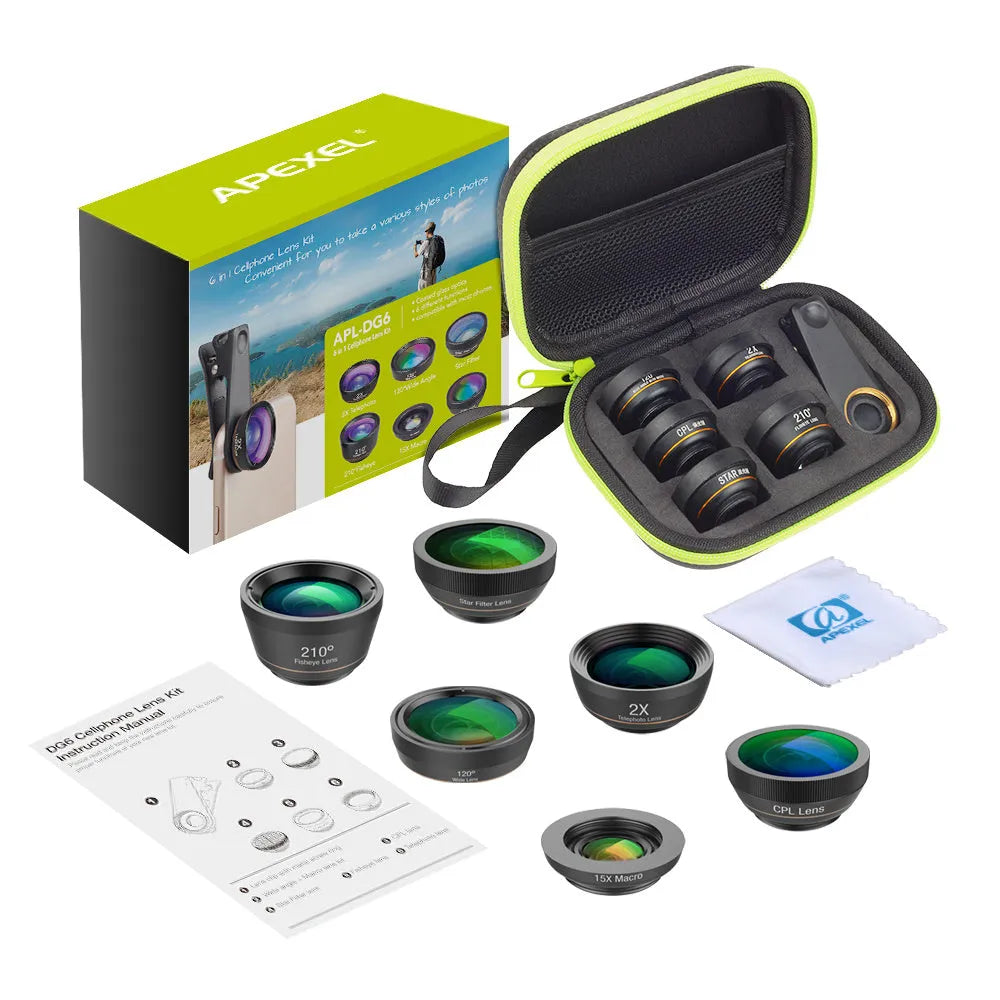Six mobile phone camera lenses including fisheye, macro, wide-angle, telephoto and filters in EVA case with universal clip