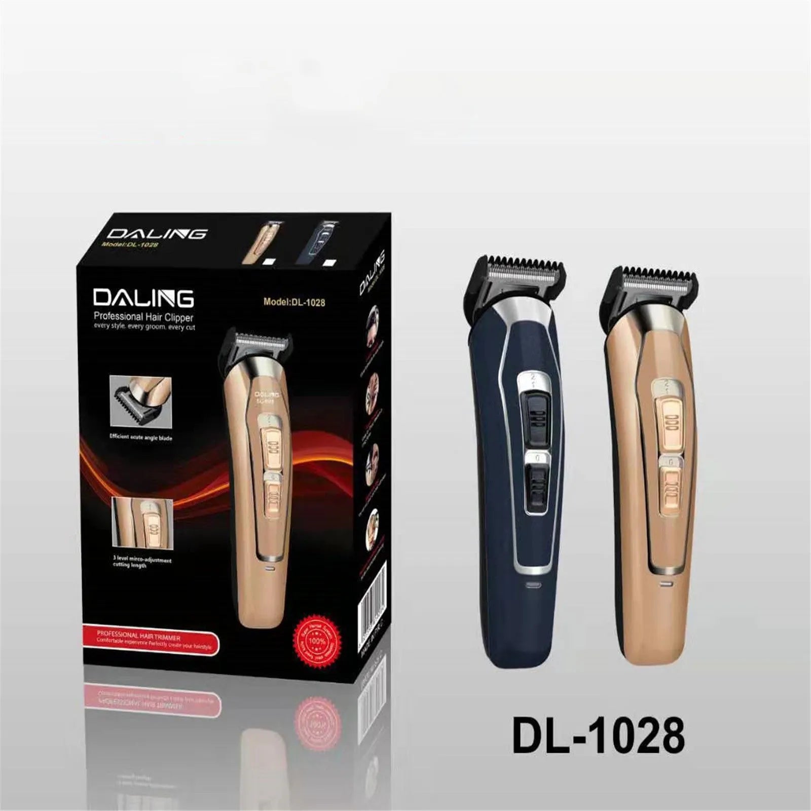 Rechargeable dark blue electric hair clipper with stainless steel blades on a white background.