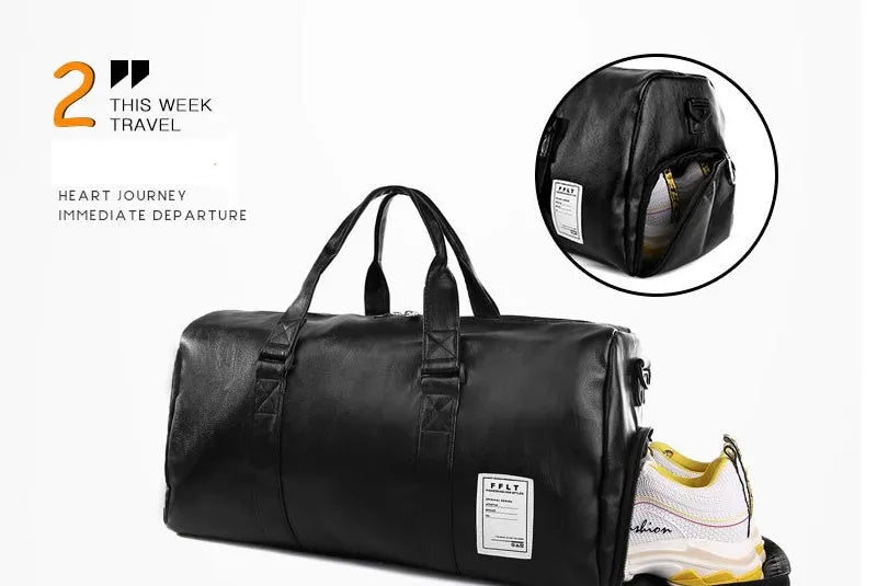 Black waterproof sports bag with separate side compartments for shoes, shown with diagonal carrying strap.